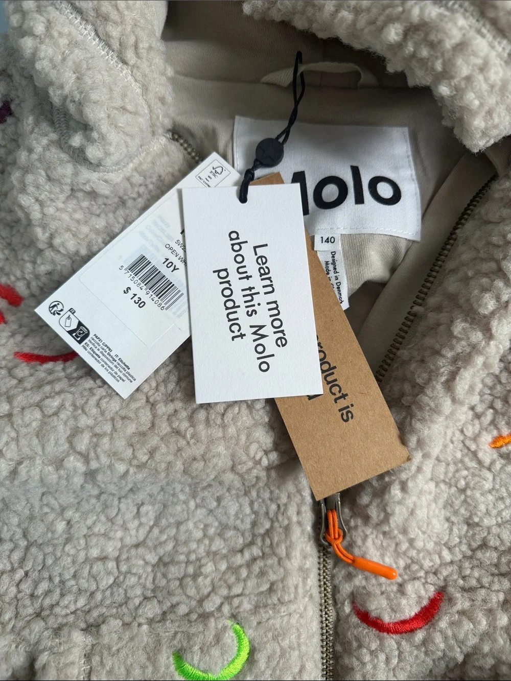 MOLO Kids Unisex Tan Sherpa Zip Hoodie Embroidered sz 10 NWT